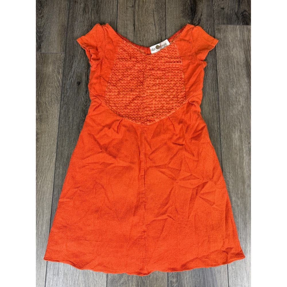 Silk Threads Textured Bib Mini Dress Orange Small Boho Waffle Weave Cap Sleeve